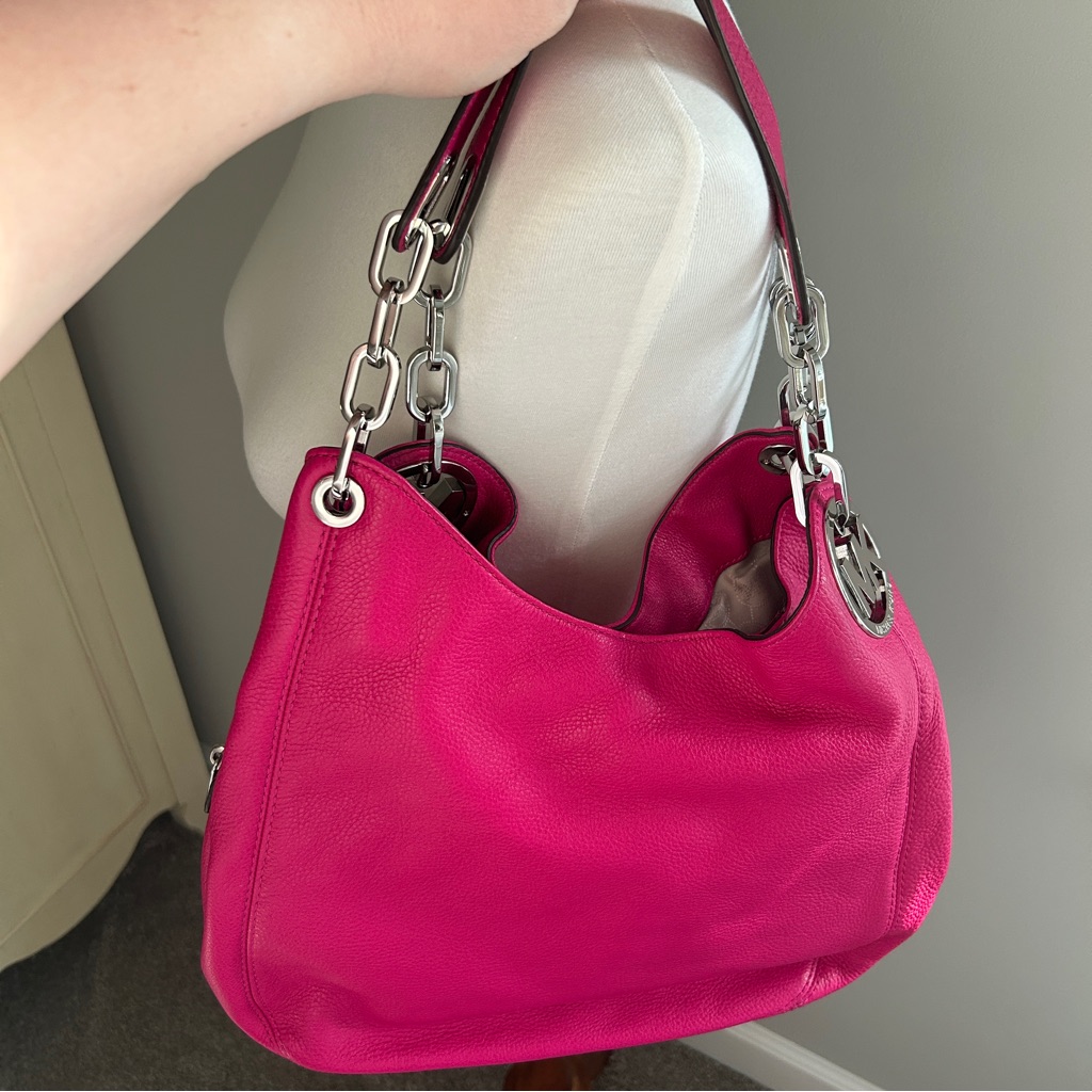 Michael Kors Fuchsia Pebbled Leather Shoulder Bag With Silver Chain Straps